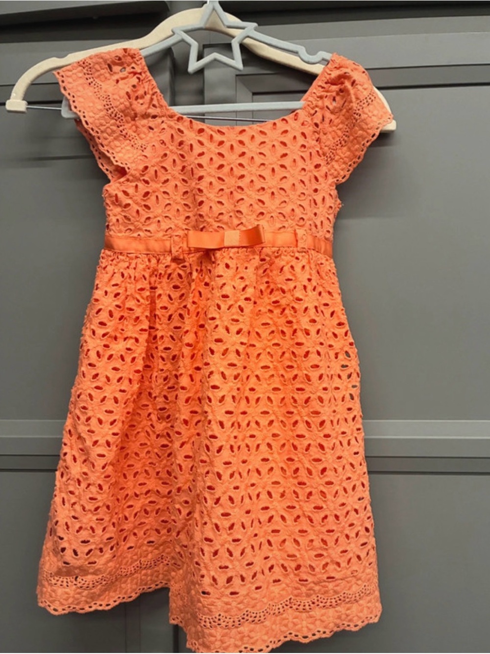 Blueberi Boulevard Orange Eyelet Lace Dress with Ribbon Waist Accent